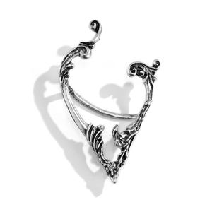 Close-up of vintage silver rose vine elf ear cuff with intricate baroque carvings