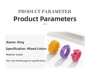 Detailed view of colorful acrylic rings featuring octopus and bear designs with specifications