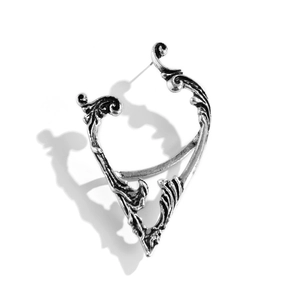 Detailed view of silver gothic heart ear cuff with vintage oxidised filigree patterns