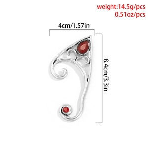 Detail view of vintage silver elf ear cuff with red teardrop gem and size measurements