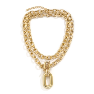 Double-layered gold chunky chain necklace with OT buckle and oval metal pendant