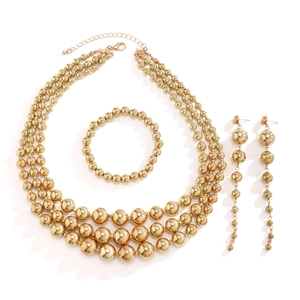 Detailed view of layered gold bead jewelry set with necklace bracelet and earrings