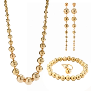 Detailed view of gold beaded jewelry set with necklace, earrings, bracelet and ring