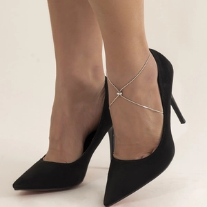 Elegant black pointed heels with adjustable silver snake chain anklets for women