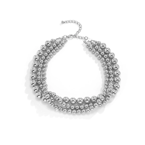 Three-layer silver beaded chain necklace with polished finish and adjustable lobster clasp