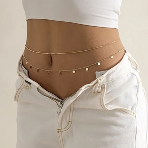 Mode Doppellagige Legierung Bauchkette Pailletten Körperschmuck Für Damen Cool Punk Stil Taillenkette Sommer Strand Accessoire