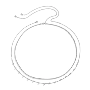 Close-up of double-layered silver body chain with sparkling rhinestones and lobster clasp