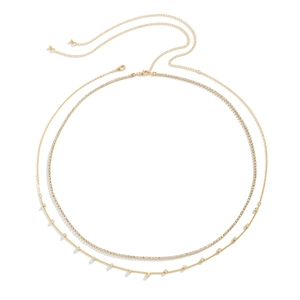 Double-layer gold body chain featuring a minimalist rhinestone tennis chain design