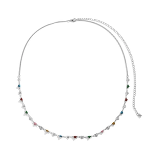 Silver metal waist chain with colorful glitter hearts and hollow charms on white background