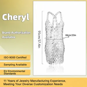 Sexy geometric hollow sequin body chain dress with silver metal discs and sizing info
