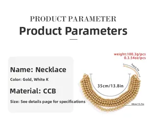 Detail view of multi-layer gold bead necklace with specific length and weight specifications