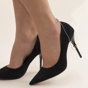 Silver bead chain anklet with metal ring attachment for high heels on black shoes