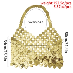 Detail of gold metal sequin tote bag with precise weight and size dimensions labeled