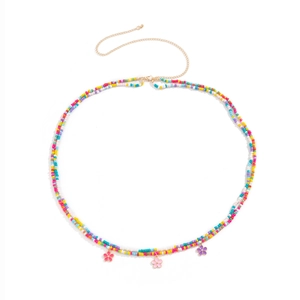 Minimalist double-layered beaded waist chain with colorful enamel flower pendants and gold clasp
