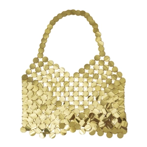 Exotic golden metal disk fringe tote bag with intricate circular sequin chain design