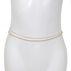 Detail of double-layer gold waist chain with sequins and sparkling rhinestones for women