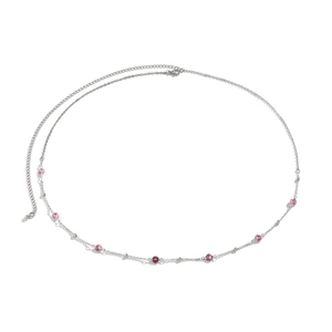 Detailed close-up of silver chain body waist link with pink stones and lobster clasp closure