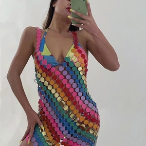 Cadena de Cuerpo con Lentejuelas Multicolor Top de Bikini con Borlas de Arcoíris y Minifalda para Fiesta Rave Festival