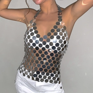 Women Sexy Metallic Sequin Halter Top Exaggerated Fringe Hollow Disc Body Chain Nightclub Party Summer Clothing Jewelry Accessory