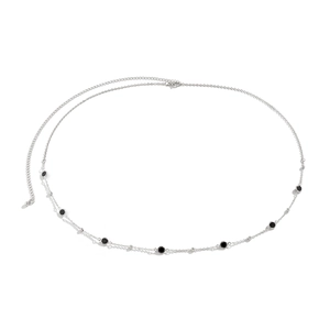 Detail of silver body chain with black round stones and adjustable lobster clasp closure