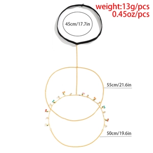 Detailed view of bohemian gold head chain with colorful beads and elastic band measurements