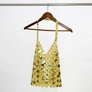 Sexy gold sequin chainmail halter top with metallic discs for party wear