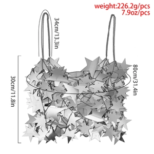 Silver star sequin body chain crop top with specific measurements and chain strap detail