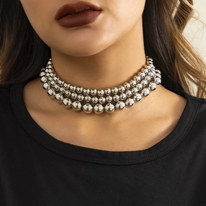 Punk style multi-layered silver bead choker necklace for women with high gloss finish