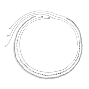 Three-layer silver body chain with sequins and round beads on white background
