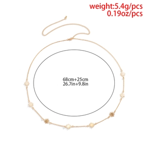 Detail view of golden sunburst star pendant waist chain with length measurements