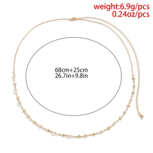 Detailed view of star pendants and beads on a slim gold waist chain with sizing info