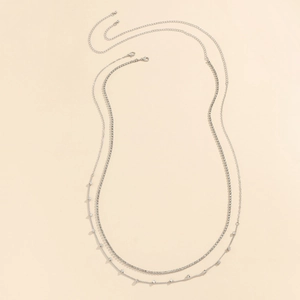 Elegant double layered silver body chain with rhinestone tennis chain and round pendants