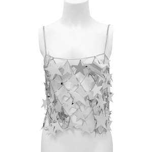 Detailed view of silver star sequin body chain vest with hollow geometric link structure