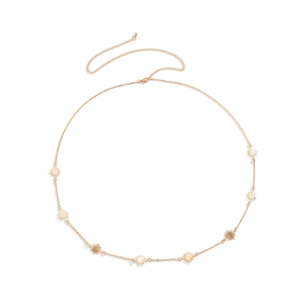 Golden chain body belt with sunburst pendants and lobster clasp on white background