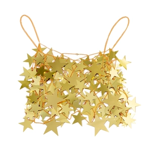 Detail of mirror gold star sequin body chain with metallic fringe for rave or beachwear