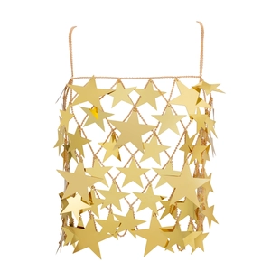 Detailed view of sexy gold star sequin body chain with hollow metal link design