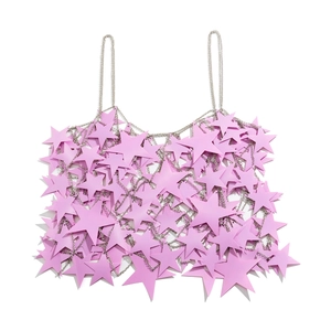 Detailed view of pink star charms connected by silver metal chains on a body chain vest
