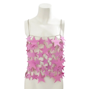 Detail view of pink matte star-shaped sequins linked by silver metal chains on a body chain