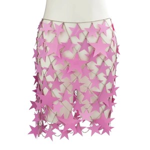 Detailed view of pink star sequin mesh skirt featuring silver chain link construction