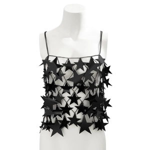 Detail of black star sequin body chain with hollow mesh design on a mannequin