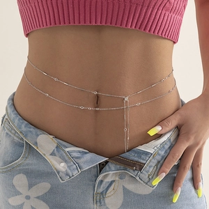 Women's Fashion Double Layer Waist Chain Metal Body Chain With Rhinestone Cross Pendant Adjustable Tassel Belly Chain