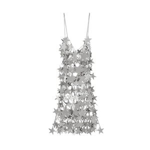 Detailed view of silver metallic star sequins and chain links on a body chain dress