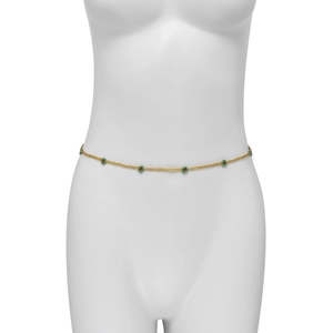 Detail of beaded waist chain with colorful flower charms on a white mannequin torso