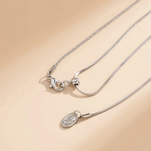 Macro shot of silver metal snake chain with lobster clasp and a smiley face charm