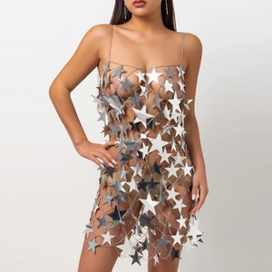 Sexy silver star sequin body chain fringe dress for clubwear and music festivals