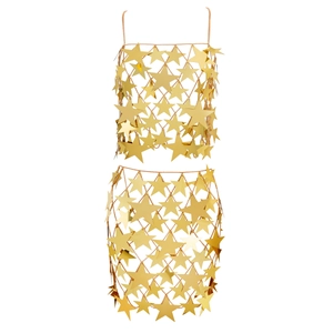 Sexy gold star sequin tassel body chain set with crop top and mini skirt for parties