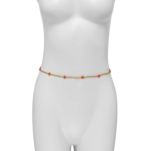 Detail of handmade beaded waist chain with colorful flower patterns on a white mannequin