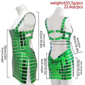Size chart showing green sequin backless mini dress dimensions and weight in detail