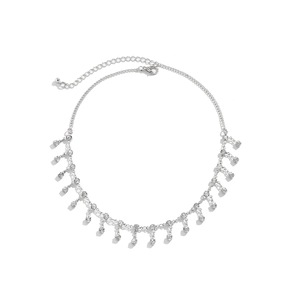 Close-up of silver bikini body chain with sparkling rhinestone fringe and lobster clasp