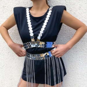 Dames Metallic Pailletten Lichaamsketting Nachtclub Stijl Kruis Pailletten Patchwork Top En Kwastje Ketting Rok Taille Ketting